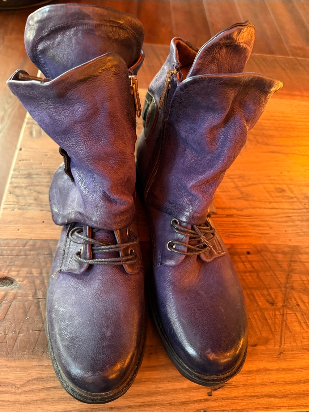 A.S.98 Deep Purple Leather Lace-Up Foldover Shaft Boots
